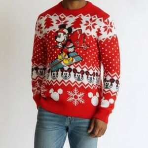 Disney Unisex Mickey Mouse Ski Slopes Red White Holiday Christmas Sweater